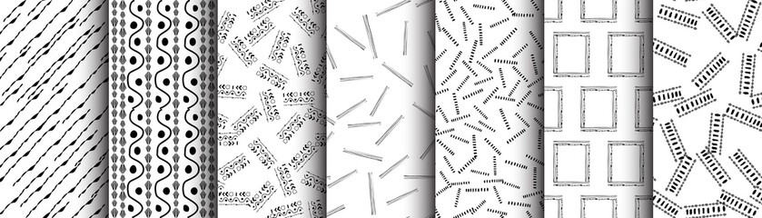 Set white and black simple seamless pattern. Vector texture native elements and shapes for fabric and textile, wallpaper, packaging.
