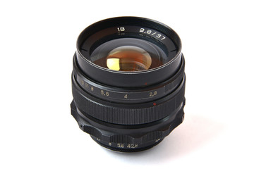 Old soviet photo lens on a white background. 