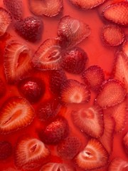 Strawberry Shortcake from top view. Strawberry jelly and sliced strawberries Dessert concept.