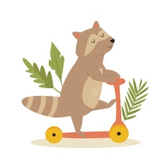 Cute raccoon riding on a scooter. Animal character © danceyourlife