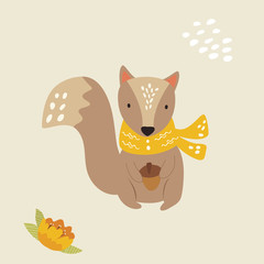 Cute squirrel in a scarf with acorn. Forest animal