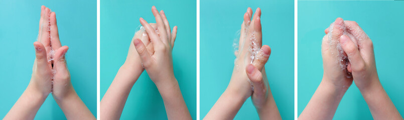 Wash your hands closeup of hands covered in soap suds, over blue.
