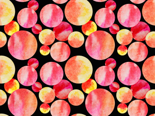 watercolor circles, planets with stains multi-colored, orange, pink, red,seamless