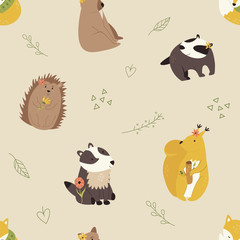 Cute seamless pattern with funny forest animals