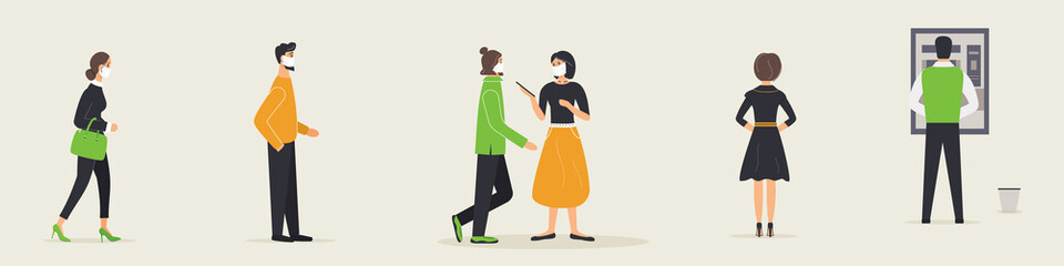 Queue of clients to receive cash at teller machine in bank during epidemic of virus.Customers in protective medical masks who waiting in line at safe distance for access to an ATM.Vector illustration