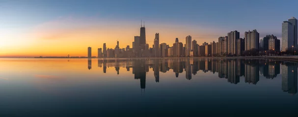 Fotobehang Panoramic Chicago Skyline Cityscape at night  and  blue sky with cloud, Chicago, United state © nuinthesky