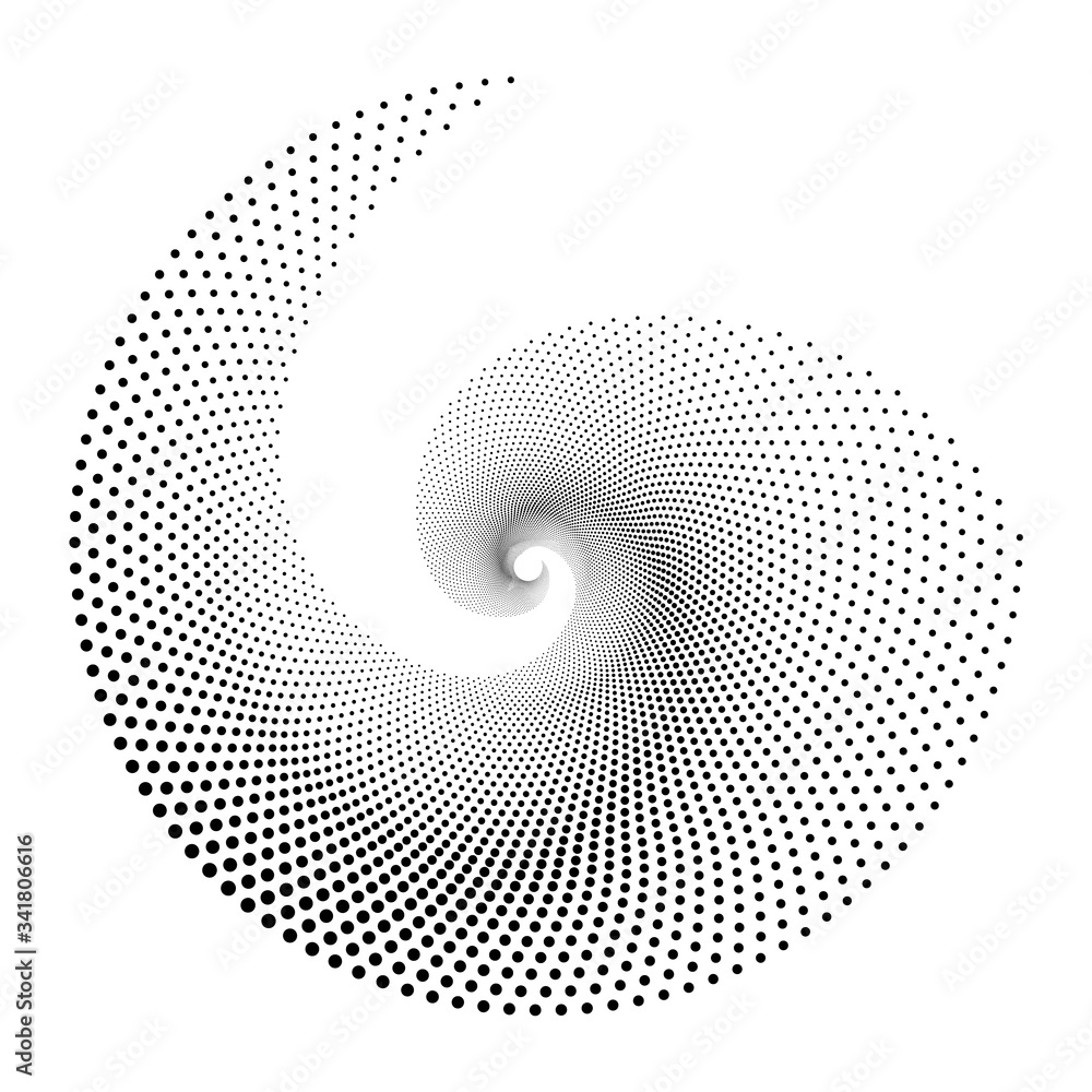 Poster halftone dots in spiral form like logo or icon. vector dotted frame as design element.