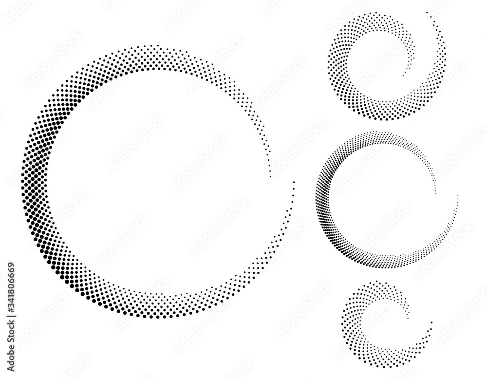 Poster Halftone dots in circle form. Set of rounded logo or icon. Vector dotted frame as design element