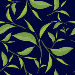 tea leafs seamless pattern. hand-drawn vector illustration isolated on dark blue background 