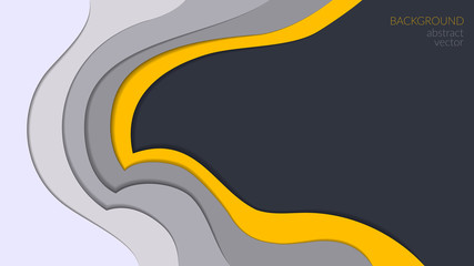 Vector abstract background in paper art style. Waves in layers in a minimalistic black and white style with a yellow stripe. For banner, web, social networks. Copyspace.