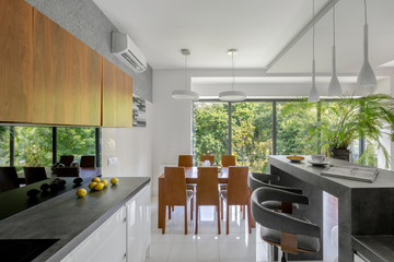 Kitchen open to dining area