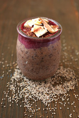 Chocolate chia pudding in a glass jar