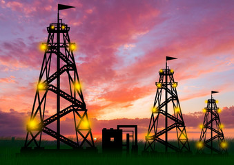 Oil rigs on the background of sky. Silhouettes of drilling rigs. Concept - oil production from the field. Concept - petroleum company. Exporter of natural resources. Work in the oil and gas industry