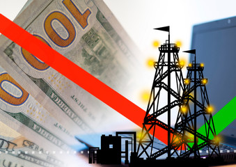 Oil price rebound. Schedule began to grow. Silhouette of a rig next to money. Concept - price of...