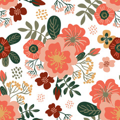 Floral seamless pattern with hand drawn flowers. Texture with stylized minimalistic branches with green leaves and Pink and maroon flowers on a white background. For fabric, wallpaper, gift wrap.