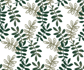 Floral simple minimalist seamless pattern graphic design for paper, textile print, page fill. Hand drawn green branches and leaves on a white background. Great for scrapbooking, packaging, textiles.