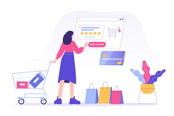 Online shopping service concept. Young woman customer holding shopping trolley cart ordering with user interface. Ordering with online payment. Purchase online. Isolated stock vector illustration