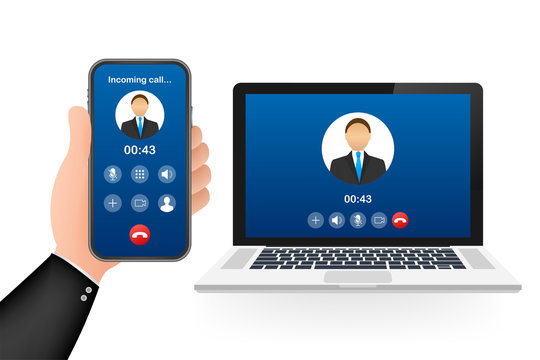 Incoming video call on laptop. Laptop with incoming call, man profile picture and accept decline buttons. Vector stock illustration.