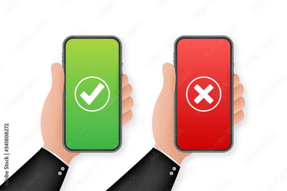 Poster hands holding smartphones with checkmarks set. tick and cross check marks. vector stock illustration