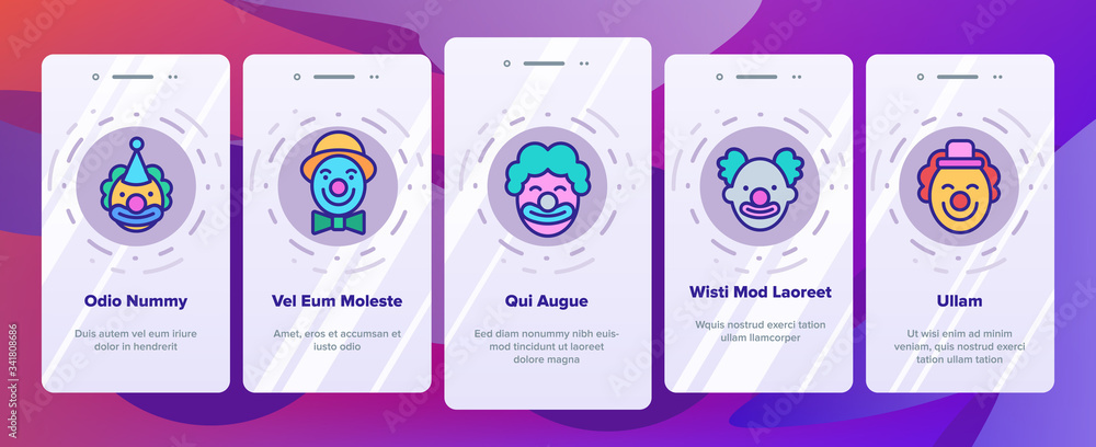 Poster clown circus character onboarding icons set vector. happy smiling and unhappy sad different mood car