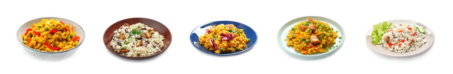 Collage of delicious pilaf with different ingredients on white background. Banner design