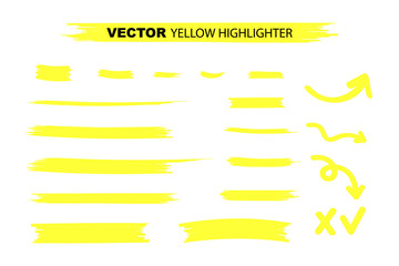 Yellow Highlighter Marker Strokes. Yellow watercolor hand drawn highlight set. Vector stock illustration.