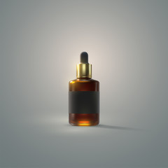 Naklejka premium Serum essence bottle with golden dropper and black label. Vector 3d illustration. Cosmetic package mockup. Skincare product package design.