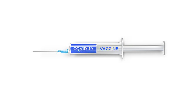 Syringe with bright colored liquid and the inscription Covid-19 vaccine.Scientific fight against the virus diesease through serum vaccination. Medic and sientist victory over the new coronavirus