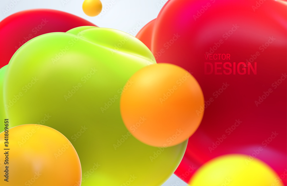 Poster abstract background with dynamic 3d bubbles. red, green and yellow translucent bubbles. vector illus
