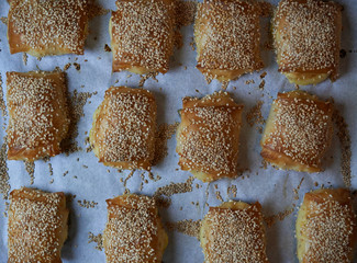 Homemade burekas filled with Mashed potato with sesame on top made with gluten-free rice paper a middle eastern traditional pastry