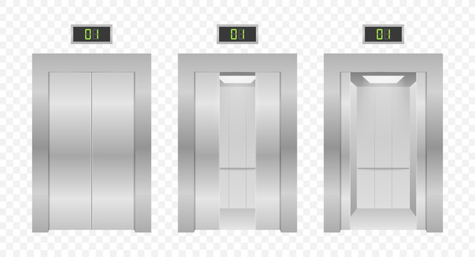 Elevator doors. Closing and opening lift metallic in office building. Vector stock illustration.