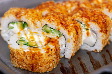 Sushi roll japanese food in restaurant. Japanese food. Japan restaurant menu