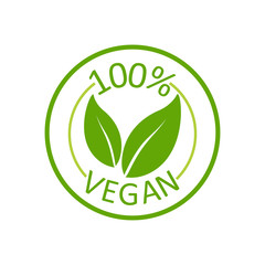 Vegan 100%, great design for any purposes. Green lettering.Eco product. Vector label tag. Healthy nutrition. Vegetarian healthy food.
