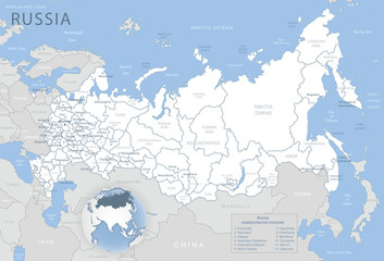 Fototapeta premium Blue-gray detailed map of Russia administrative divisions and location on the globe.
