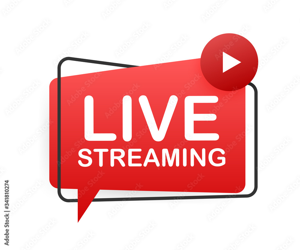 Poster live streaming flat logo, red vector design element with play button. vector illustration