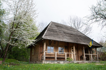 Plakat Small European-style resort wooden house or wooden hut in forest Old wooden house. Old wood in the countryside. Near is beautiful forest