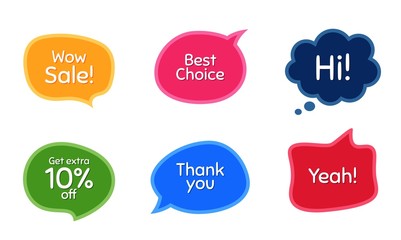 Wow sale, 10% discount and best choice. Colorful chat bubbles. Thank you phrase. Sale shopping text. Chat messages with phrases. Texting thought bubbles. Vector