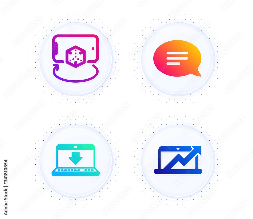 Poster internet downloading, augmented reality and chat icons simple set. button with halftone dots. sales 