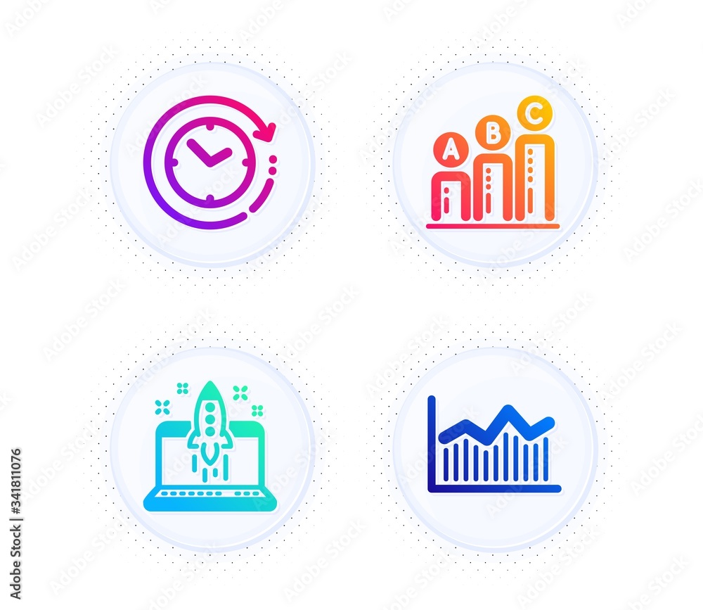 Poster start business, time change and graph chart icons simple set. button with halftone dots. money diagr
