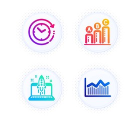 Start business, Time change and Graph chart icons simple set. Button with halftone dots. Money diagram sign. Launch idea, Clock, Growth report. Currency diagram. Education set. Vector