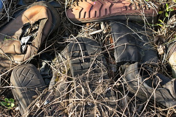 A pile of old abandoned shoes that have long been lying in the grass with the soles up