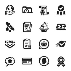 Set of Technology icons, such as Chemistry pipette, Loyalty star. Certificate, approved group, save planet. Time management, Copywriting notebook, Face id. Vector