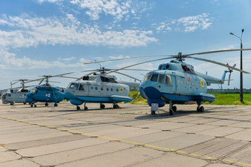 old soviet helicopters at the airport
