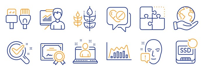 Set of Science icons, such as Presentation, Face attention. Certificate, save planet. Best manager, Chemistry lab, Gluten free. Puzzle, Medical drugs, Infographic graph. Vector