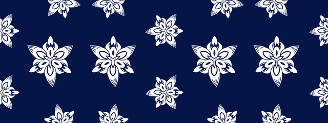 White ornament on blue seamless pattern. Vintage, paisley elements. Ornamental traditional, ethnic, turkish. Great for fabric and textile, wallpaper, packaging or any idea