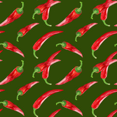 Chili peppers on green background hand drawn seamless pattern. illustration in gouache. Natural background for wallpaper, background, fabric, textile, cafe, restaurant, resort, exotic, packaging