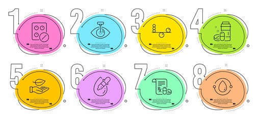 Eye laser, Eye drops and Cold-pressed oil signs. Timeline steps infographic. Medical tablet, Medical drugs and Leaf line icons set. Balance symbol. Medicine pill, Medicine bottle. Vector