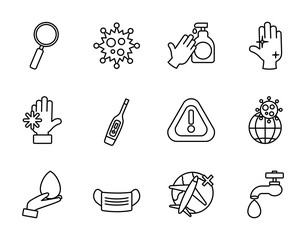 mouth mask and covid19 preventions icon set, line style