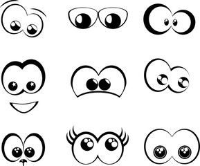 Cartoon eyes. Set of monochrome icons in thin line style.  Simple set of user related vector line icons for web graphics. Different emotions and actions isolated on white background.