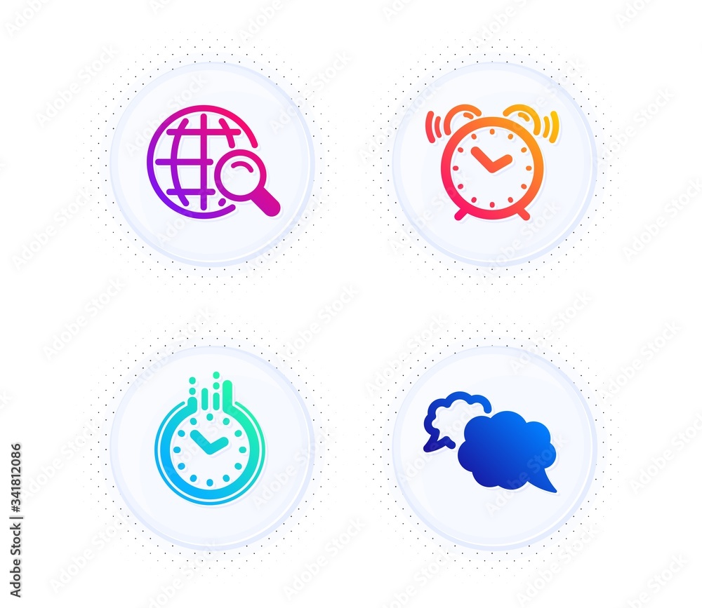 Poster alarm clock, internet search and time icons simple set. button with halftone dots. messenger sign. t